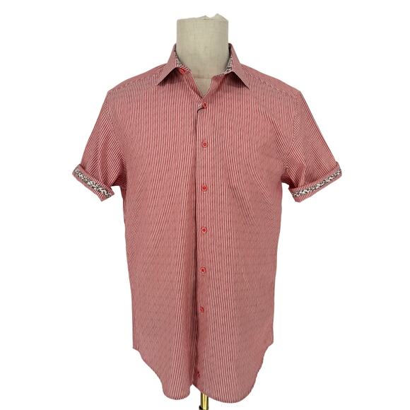 Robert Graham Woven Button Front Short Sleeve Shirt Indos Red-Orange Stripe M - Picture 1 of 9